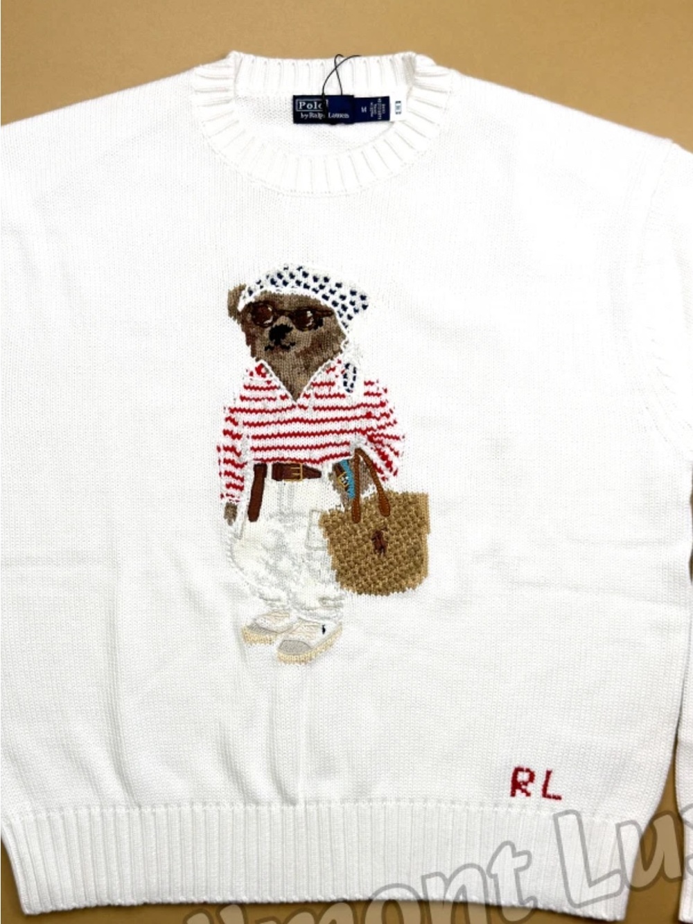 Polo by Ralph Lauren White Crewneck Sweater with Striped Bear Motif